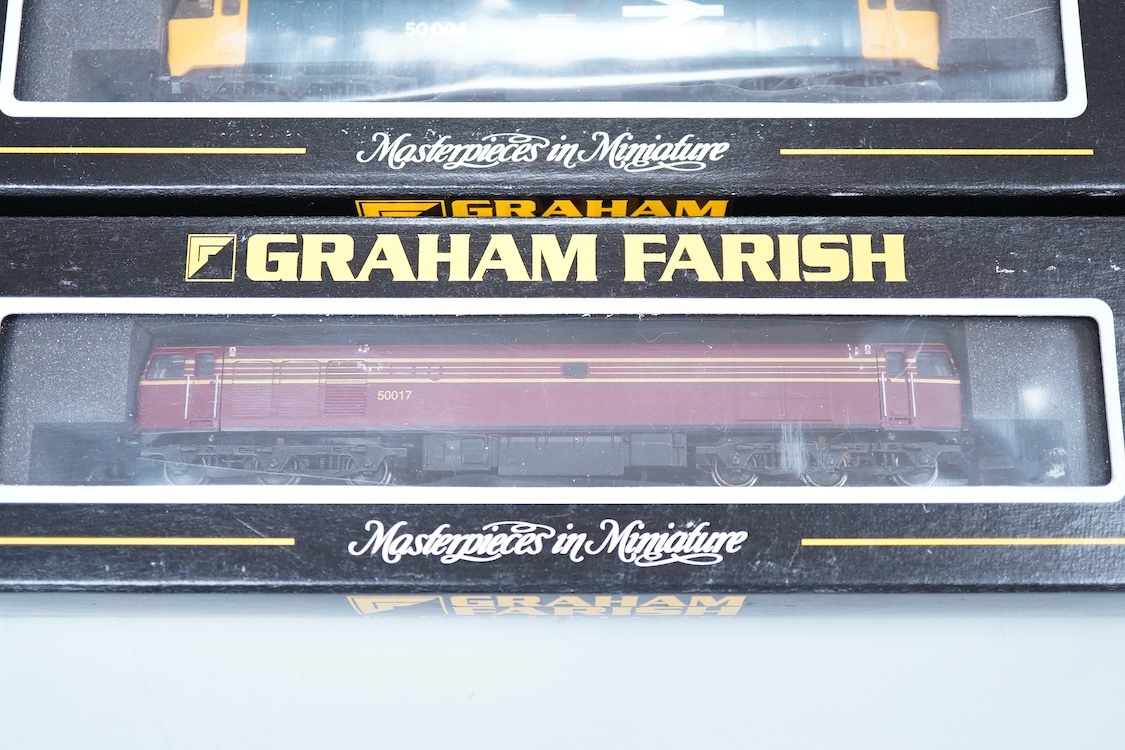 Three boxed Graham Farish N gauge railway class 50 diesel locomotives; a BR, 50 004 (371251), and two LMS, 50017, (371250)
